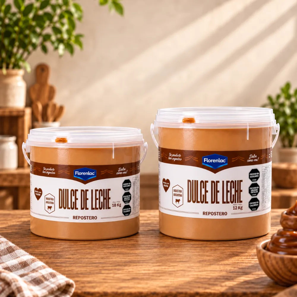 Dos baldes plásticos de dulce de leche repostero de 10 y 12 kg