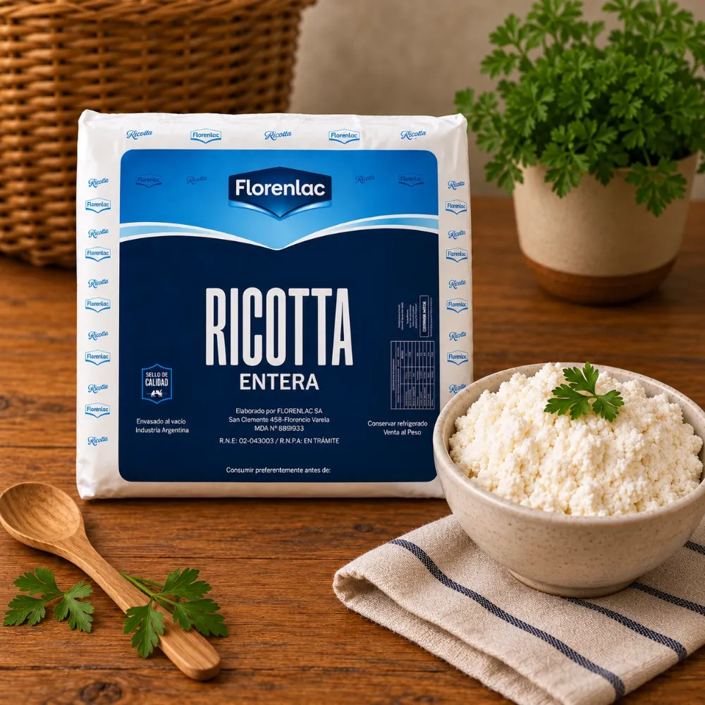 Horma de ricotta Florenlac junto a un bowl de ricotta