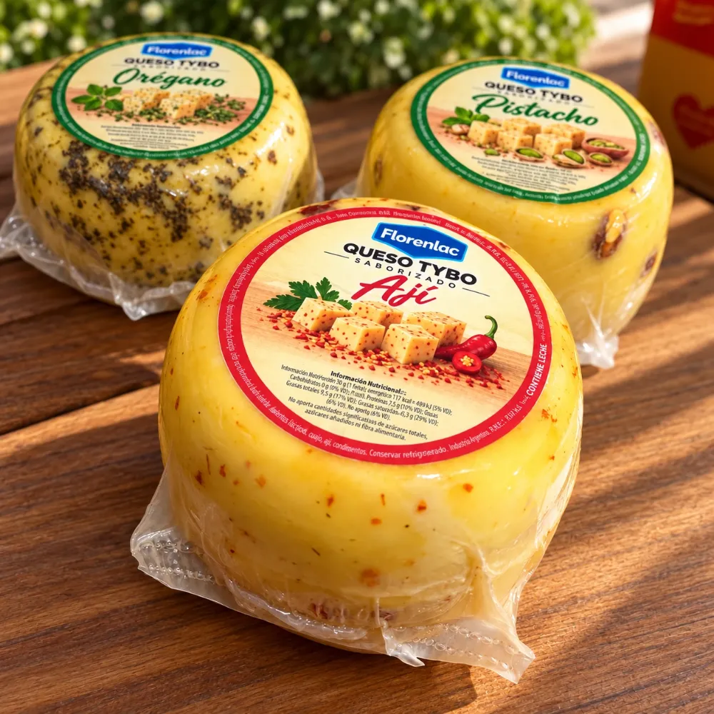 Quesos Tybo saborizados de orégano, pistacho y ají Florenlac